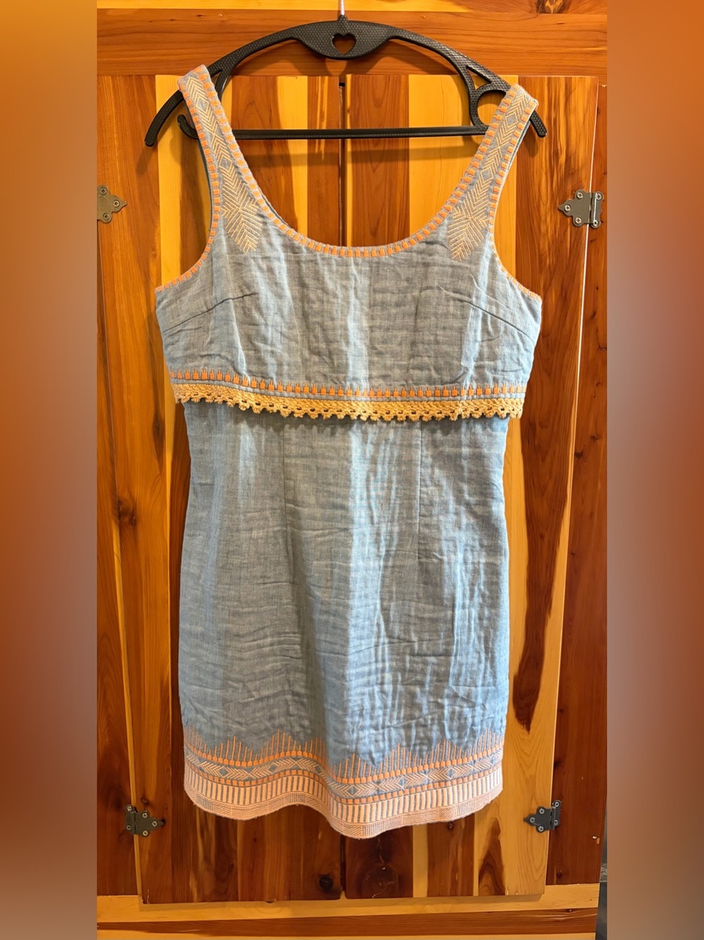 Boho Chambray Mini Dress with Geometric Orange Embroidery & Crochet Trim size S